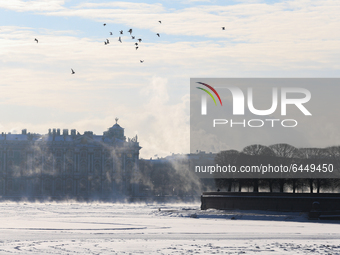The building of the Hermitage Museum during fog on the frozen Neva River in St. Petersburg, Russia, on February 18, 2021.  The air temperatu...