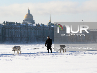 A woman with dogs walks along the frozen Neva River in St. Petersburg, Russia, on February 18, 2021.  The air temperature dropped to -27 deg...