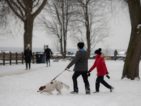 People enjoying the snow near frozen lake at the Coronation Park amid the coronavirus pandemic on February 19, 2021 in Toronto, Canada. (