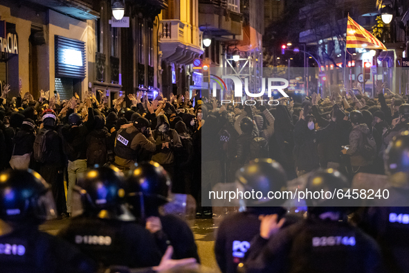 Protest for the fifth night in Barcelona, Spain, on February 21, 2021 against the imprisonment of Pablo Hasel. (