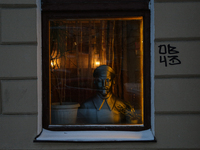 Bust of the revolutionary and the first head of the VChK (later the KGB and FSB) Felix Dzerzhinsky in a cafe in the center of St. Petersburg...