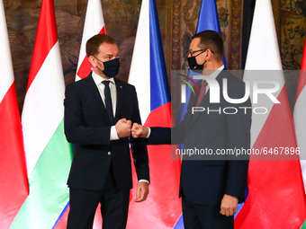 Polish Prime Minister Mateusz Morawiecki and Slovak Prime Minister Igor Matovic attend the Visegrad Group meeting at the Wawel Royal Castle...