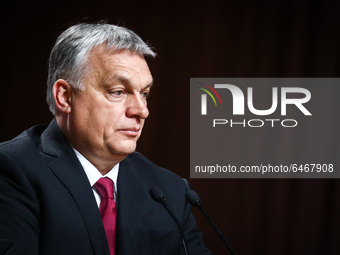 Hungarian Prime Minister Viktor Orban attends a press conference during the Visegrad Group meeting at ICE congress center in Krakow, Poland,...