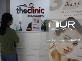 A woman register for a facial treatment at theclinic beautylosophy, Bogor City,  Indonesia on February 24, 2021. The beauty treatment busine...