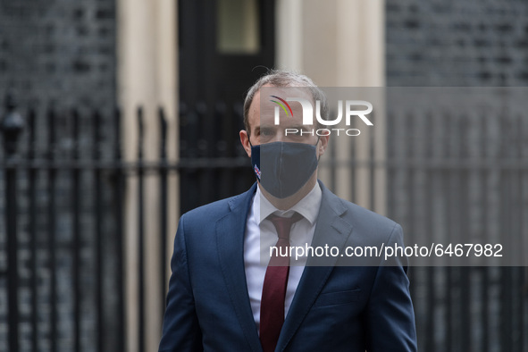 Secretary of State for Foreign and Commonwealth Affairs, First Secretary of State Dominic Raab leaves Downing Street on 24 February, 2021 in...