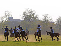 Players of Sona Polo and Chandna Group teams in action during the 'Rajmata Gayatri Devi Memorial Cup' polo match at Polo ground in Jaipur,Ra...