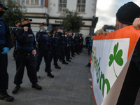 A line of Garda officers in front of Anti-Lockdown protesters on Grafton Street, Dublin, during Level 5 Covid-19  lockdown.  
On Saturday, F...