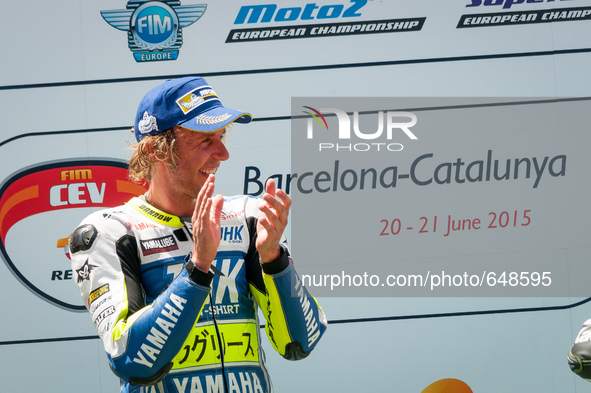 Carmelo Morales of the Yamaha Laglisse team pictured during the Awards ceremony at the end of SBK Race in the FIM CEV Repsol 2015 which was...