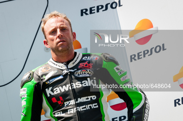 Kenny Noyes of Kawasaki Palmeto PL Racing team pictured during the Awards ceremony at the end of SBK Race in the FIM CEV Repsol 2015 which w...