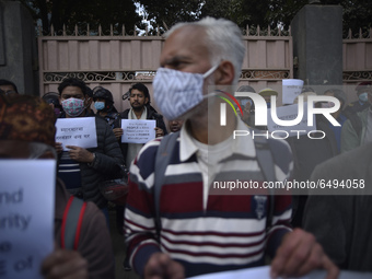 Nepalese Citizen Society activists holds placards during protest against the military coup in-front of Myanmar Embassy at Lalitpur, Nepal on...