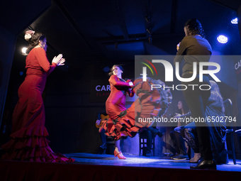 A flamenco dancer during her performance in the show tribute to working women in flamenco art on the occasion of 8M at the Tablao Cardamomo...