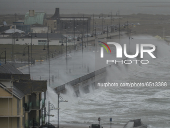 Waves crash the strand at Tramore in County Waterford on the South East coast of Ireland, where the yellow 100 km/h weather warning is in ef...