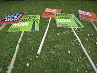 Placards showing the reasons for the demonstration against fracking, on Tuesday 23rd June 2015, outside Lancashire County Hall in Preston wh...