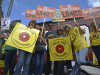 People demonstrating against fracking, on Tuesday 23rd June 2015, outside Lancashire County Hall in Preston where Lancashire County Council...