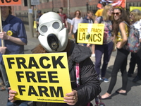 A person demonstrating against fracking, on Tuesday 23rd June 2015, outside Lancashire County Hall in Preston where Lancashire County Counci...