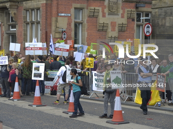People demonstrating against fracking, on Tuesday 23rd June 2015, outside Lancashire County Hall in Preston where Lancashire County Council...