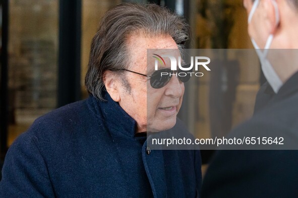 Al Pacino leaves his hotel berore the House Of Gucci shooting on March 11, 2021 in Milan, Italy. 