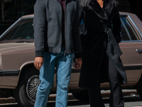 Michel B. Jordan and Chante Adams are seen at the movie set of the 'A Journal for Jordan' near Union Square Park on March 12, 2021 in New Yo...