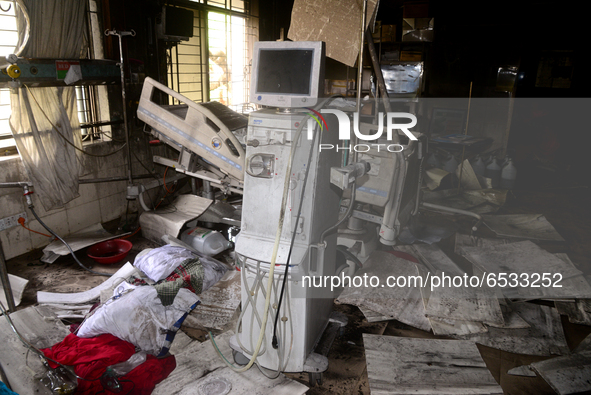 Damaged medical equipment and beds are seen at the COVID-19 coronavirus Intensive Care Unit (ICU) of the Dhaka medical college and Hospital...