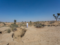 With less rainfall and water at scarce in the arid region of Thar desert, an Indian man stands near the catchment area at Godu village, arou...