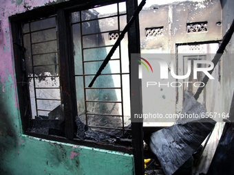 Condition of a burning building that killed 10 people on Jalan Pisangan Baru, Mataraman, East Jakarta, Indonesia on March 25,2021 in the mor...