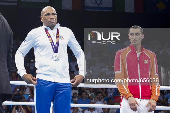 The silver medalist Valentino Manfredonia of Italy alongside  gold medalist Teymur Mammadov of Azerbaijan  during the medal ceremony for the...