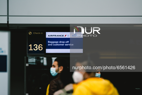 General view of air France check in counter at Duessedorf airport, Germany on March 26, 2021 as airlines adds more flights to cope with surg...