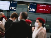 general view of Emirates check in counter at Duessedorf airport, Germany on March 26, 2021 as airlines adds more flights to cope with surge...