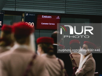 General view of Emirates check in counter at Duessedorf airport, Germany on March 26, 2021 as airlines adds more flights to cope with surge...