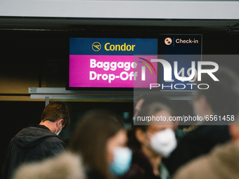 General view of Condor check in counter at Duessedorf airport, Germany on March 26, 2021 as airlines adds more flights to cope with surge in...