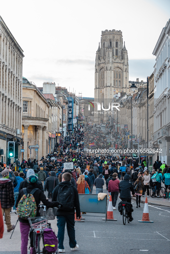 People walking up Park Street. Protesters gather in Bristol, UK  for the third time in a week on 26th March, 2021 to oppose the Police, Crim...