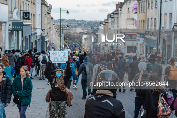 Protesters gather in Bristol, UK  for the third time in a week on 26th March, 2021 to oppose the Police, Crime, Courts and Sentencing Bill w...
