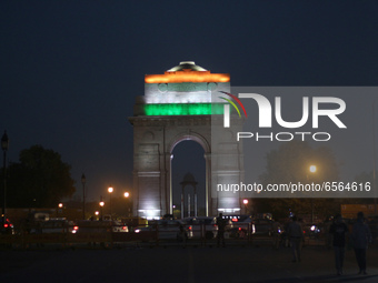 A view of the India Gate war memorial is pictured before the lights were switched off to mark Earth Hour in New Delhi, India on March 27, 20...