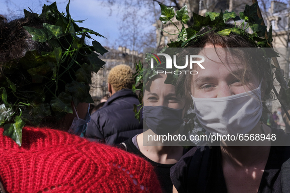 Young demonstrators during the demonstration, march for the climate, and against the climate bill, in Paris, France on March 28, 2021. While...