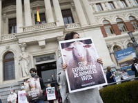 Animal Equality activists participate in the rally called before the Ministry of Agriculture, Fisheries and Food in Madrid, Spain, on March...