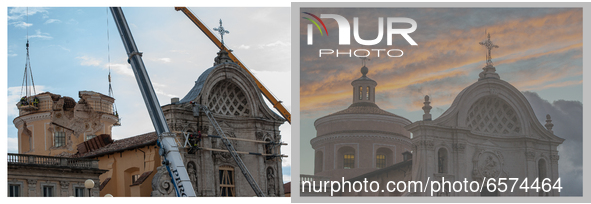 (EDITORS PLEASE NOTE: COMPOSITE IMAGE) This composite image shows the rebuilt Santa Maria del Suffragio Church in L'Aquila (Left - Picture t...
