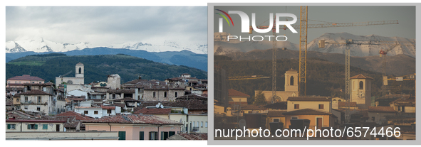(EDITORS PLEASE NOTE: COMPOSITE IMAGE) This composite image shows buildings and towers cranes in L'Aquila (Left - Picture taken on May 4, 20...
