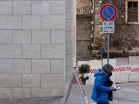 A man walking around L'Aquila on March 25, 2021. The 12th anniversary of the L'Aquila earthquake will be marked on 06 April 2021, commemorat...