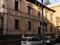 A view of a collapsed building in L'Aquila, Italy on March 29, 2021. On April 6th, 2009, a violent earthquake destroyed lots of buildings an...