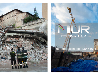 (EDITORS PLEASE NOTE: COMPOSITE IMAGE) This composite image shows the site of Duca degli Abruzzi Hotel in L'Aquila (Left - Picture taken on...
