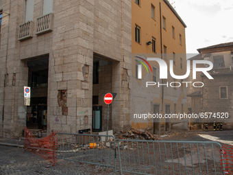 A view of a collapsed building in L'Aquila, Italy on May 4, 2009. On April 6th, 2009, a violent earthquake destroyed lots of buildings and c...