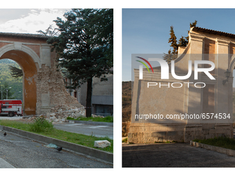 (EDITORS PLEASE NOTE: COMPOSITE IMAGE) This composite image shows the rebuilt Porta Napoli in L'Aquila (Left - Picture taken on May 4, 2009)...