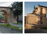 (EDITORS PLEASE NOTE: COMPOSITE IMAGE) This composite image shows the rebuilt Porta Napoli in L'Aquila (Left - Picture taken on May 4, 2009)...