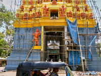 Workers complete re-construction of the Raja Gopuram at the Keerimalai Naguleswaram Hindu Temple in Keerimalai, Sri Lanka. This temple was b...