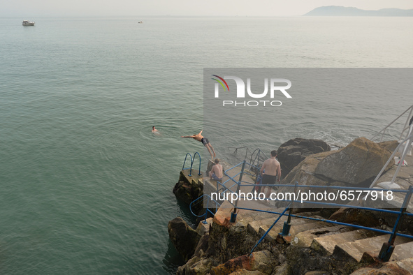 People seen at the Vico bathing place, Hawk Cliff, in Dalkey, during COVID-19 level 5 lockdown. 
On Wednesday, March 31, 2021, in Dublin, Ir...