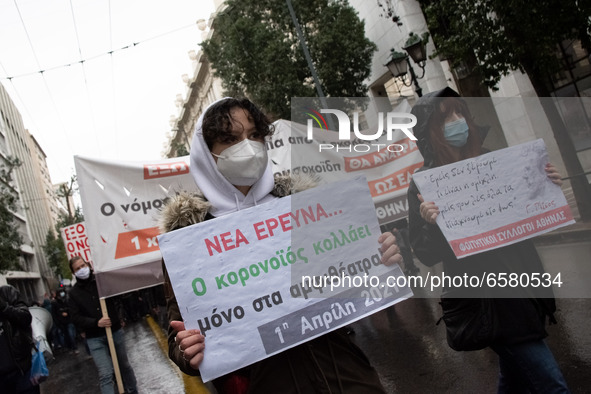 Protest gathering by University students, against the new ministry of education multi-bill in Athens, Greece on April 1, 2021. 