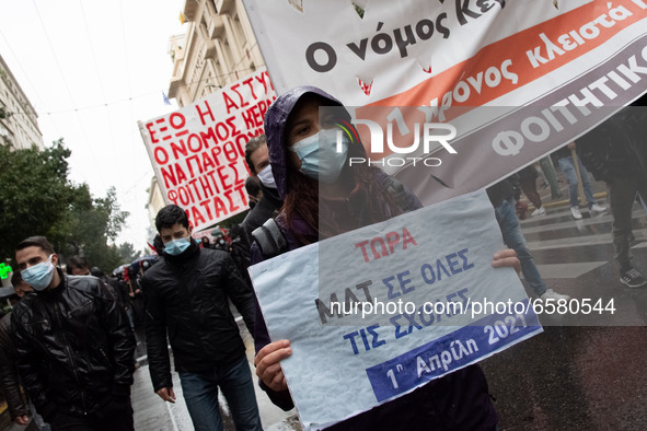 Protest gathering by University students, against the new ministry of education multi-bill in Athens, Greece on April 1, 2021. 