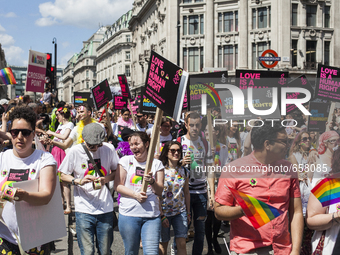 People take part in the annual Pride in London Parade on June 27, 2015 in London, England. Pride in London is one of the world's biggest LGB...