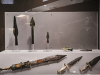 Gladiator weapons at the ''Gladiatori'' (Gladiators) exhibition at the Archaeological Museum of Naples, Italy, on April 1, 2021.
The exhibi...