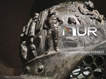 Details of a Gladiator helmet at the exhibition ''Gladiatori'' (Gladiators), at the Archaeological Museum of Naples, Italy, on April 1, 2021...